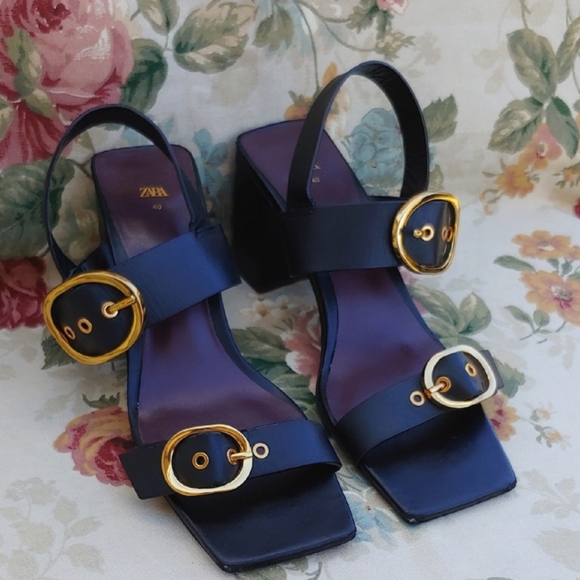 Zara Women's Black and Gold Tone Block Heel Dress Sandals Size EU 40 US 9 - Picture 9 of 17